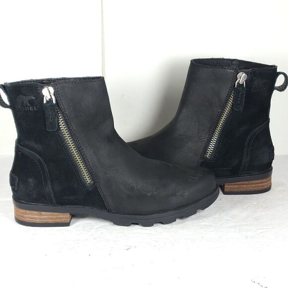 Sorel Women’s Emilie II US 7 Black Suede Leather Side Zip Ankle Boots Booties - Picture 9 of 14